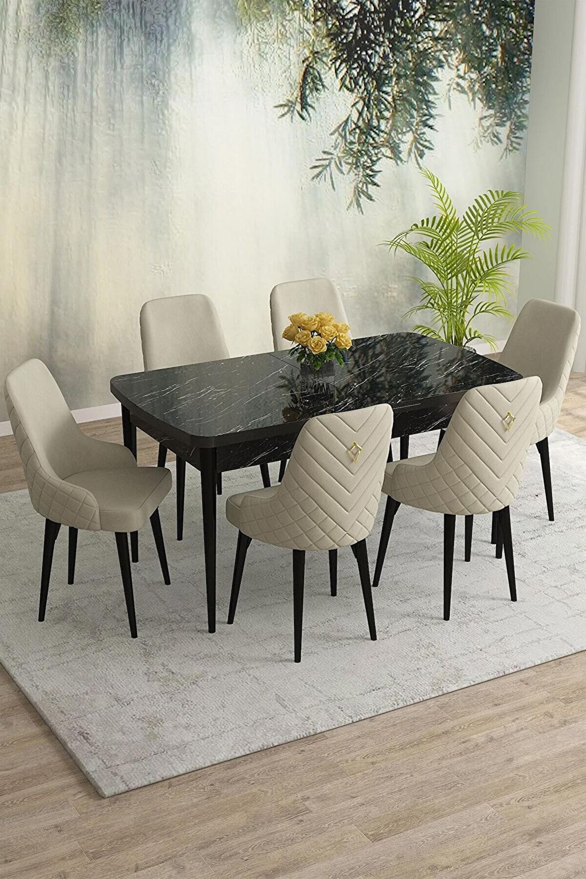Rovena Eylül Siyah Mermer 80x132 Açılabilir Mdf Yemek Odası Takımı 6 Adet Sandalye