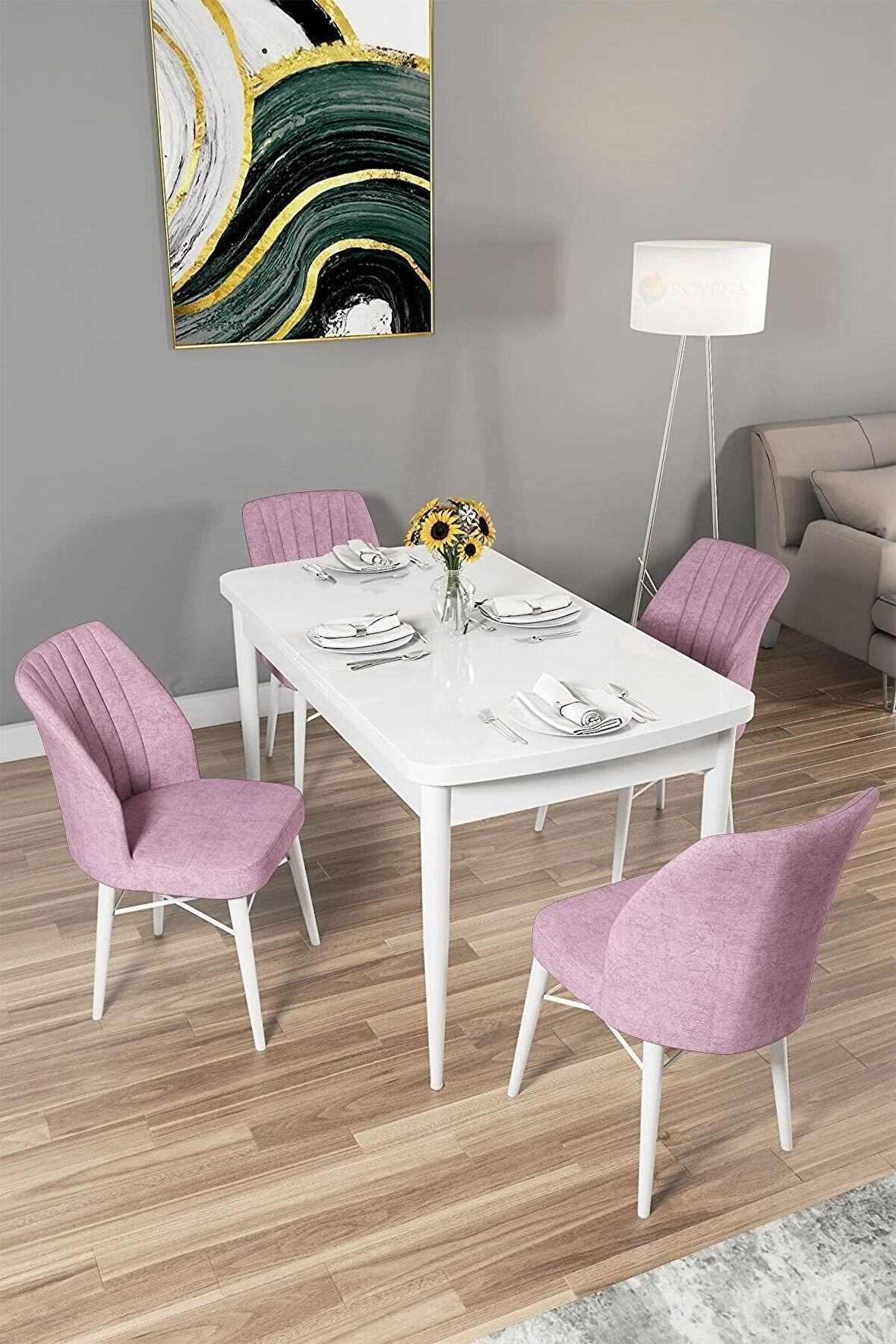 Rovena Arel Beyaz 80x132 Açılabilir Mdf Yemek Odası Takımı 4 Adet Sandalye
