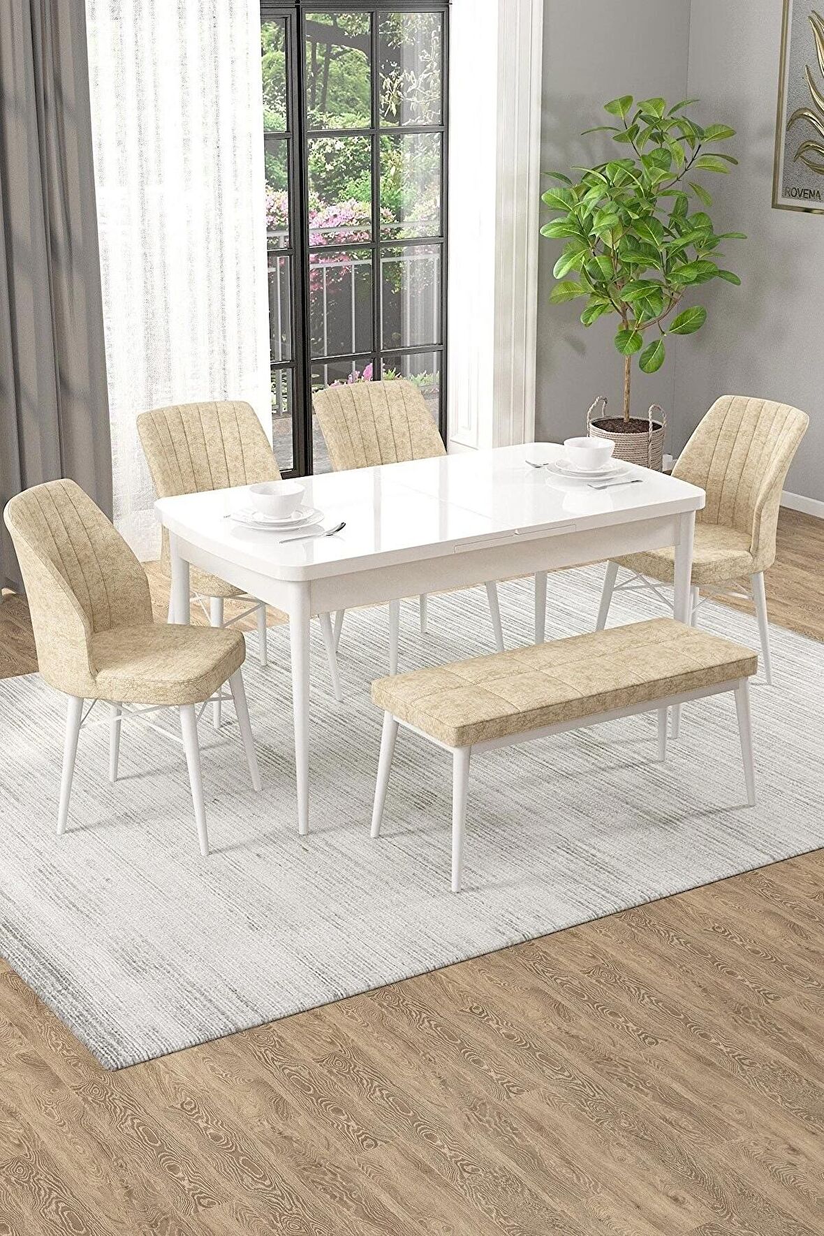 Rovena Arel Beyaz 80x132 Açılabilir Mdf Yemek Odası Takımı 4 Adet Sandalye + 1 Bench