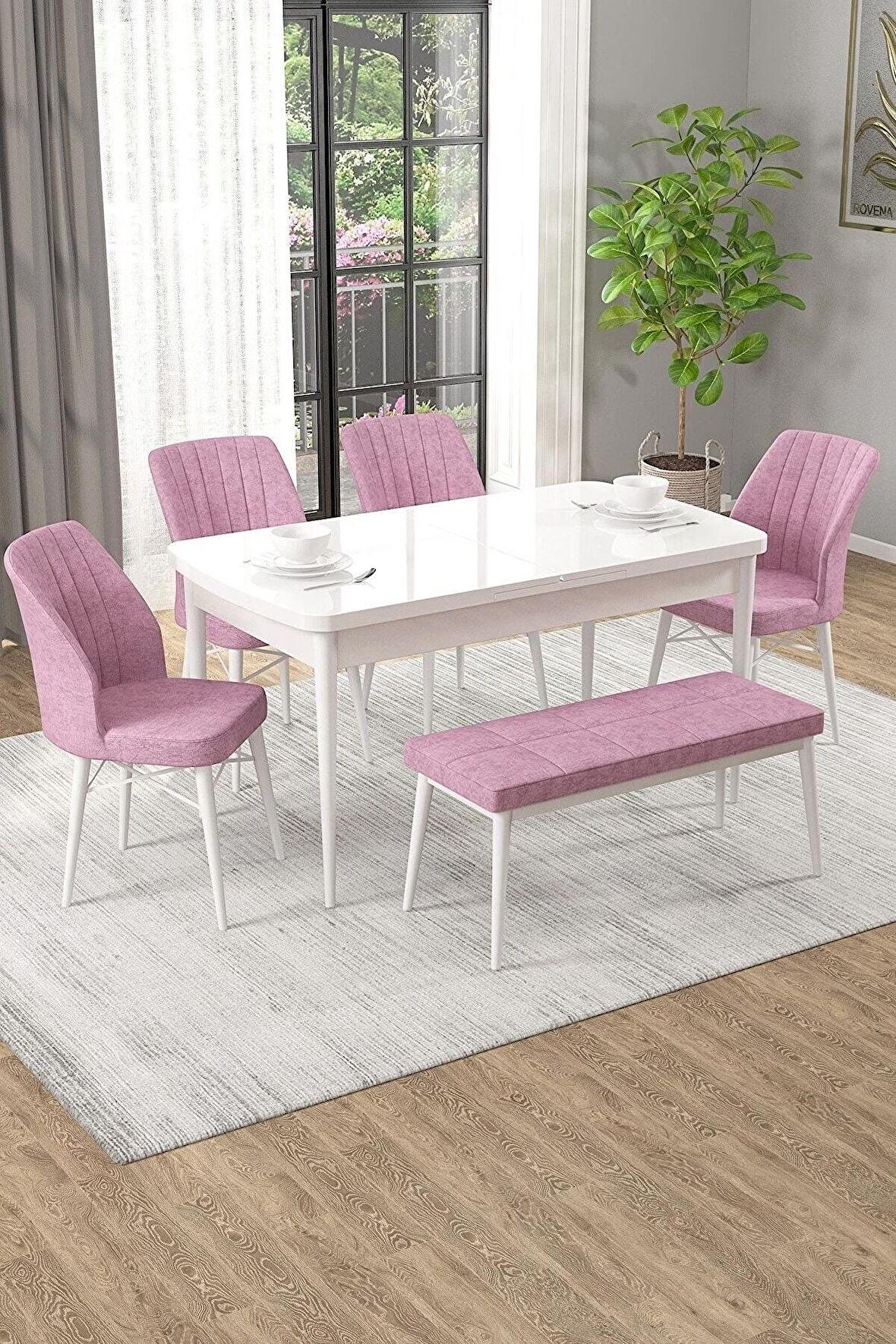 Rovena Arel Beyaz 80x132 Açılabilir Mdf Yemek Odası Takımı 4 Adet Sandalye + 1 Bench