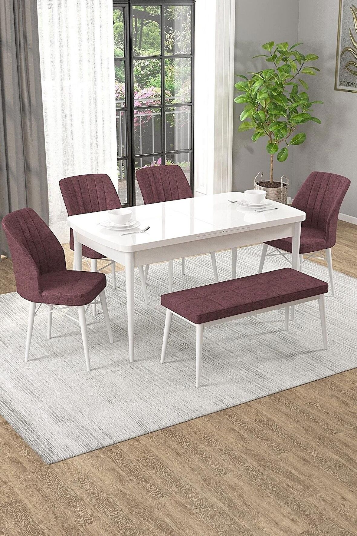Rovena Arel Beyaz 80x132 Açılabilir Mdf Yemek Odası Takımı 4 Adet Sandalye + 1 Bench
