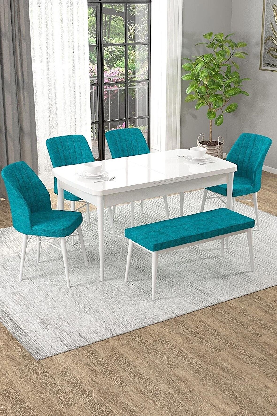 Rovena Arel Beyaz 80x132 Açılabilir Mdf Yemek Odası Takımı 4 Adet Sandalye + 1 Bench