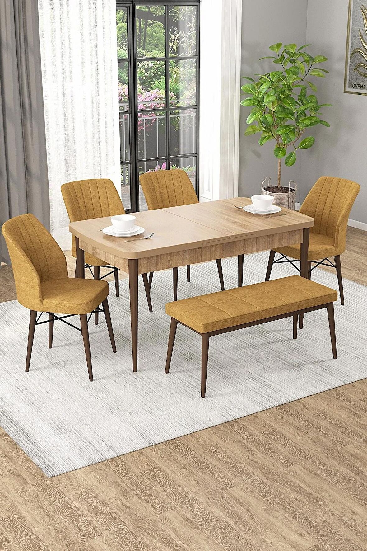 Rovena Arel Meşe 80x132 Açılabilir Mdf Yemek Odası Takımı 4 Adet Sandalye + 1 Bench