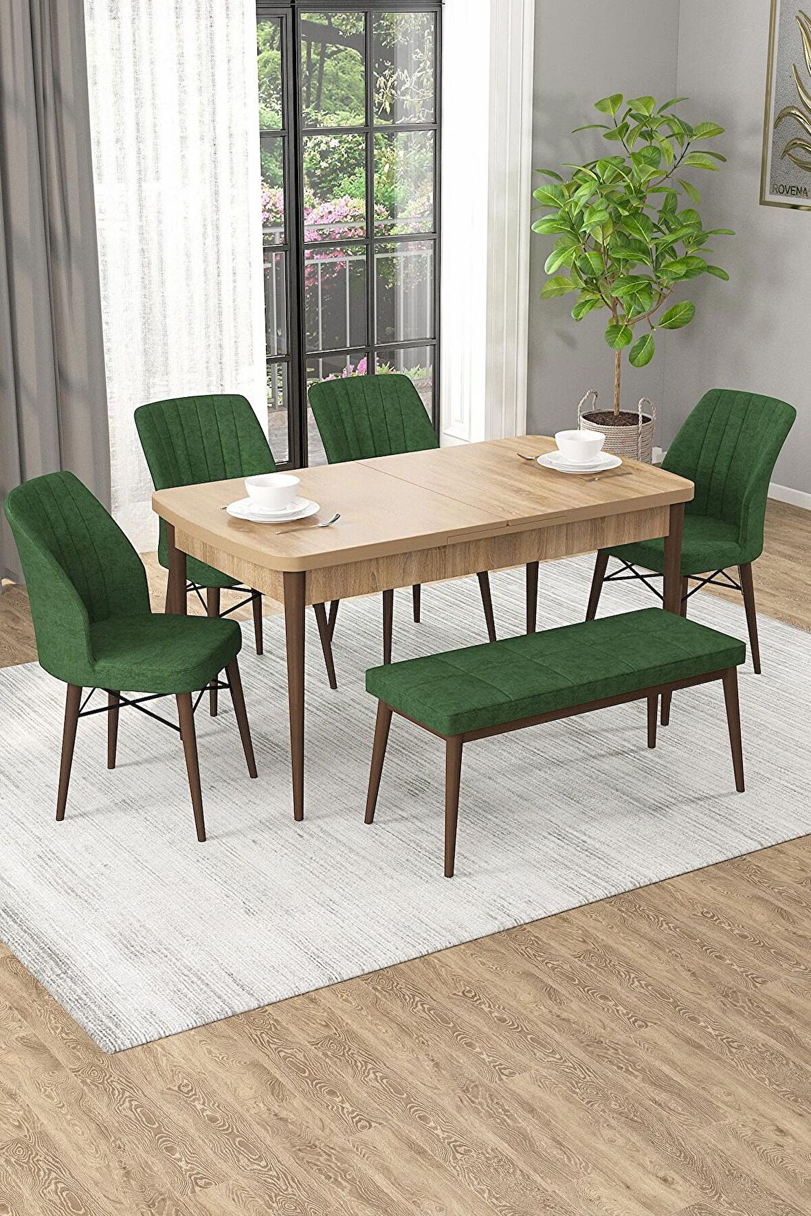 Rovena Arel Meşe 80x132 Açılabilir Mdf Yemek Odası Takımı 4 Adet Sandalye + 1 Bench