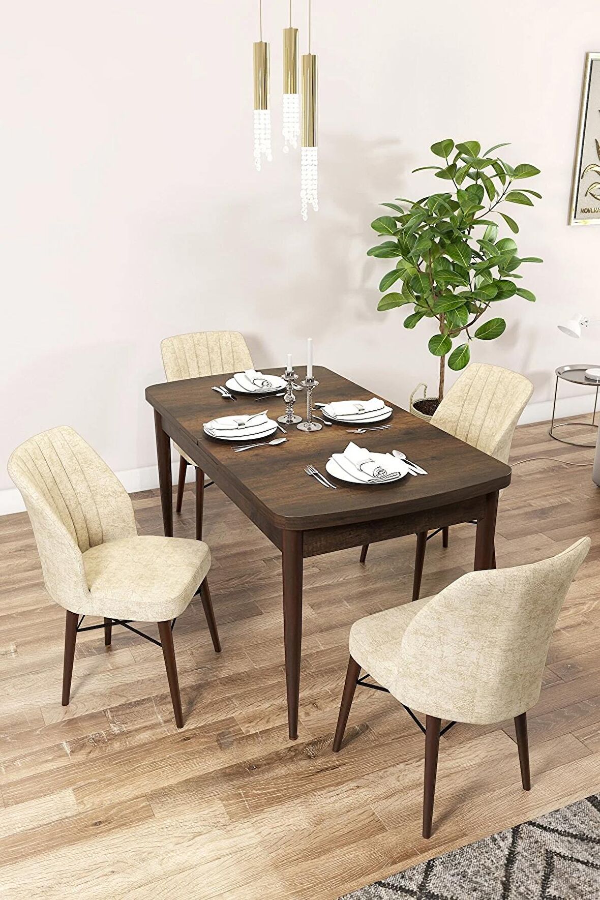 Rovena Arel Barok 80x132 Açılabilir Mdf Yemek Odası Takımı 4 Adet Sandalye