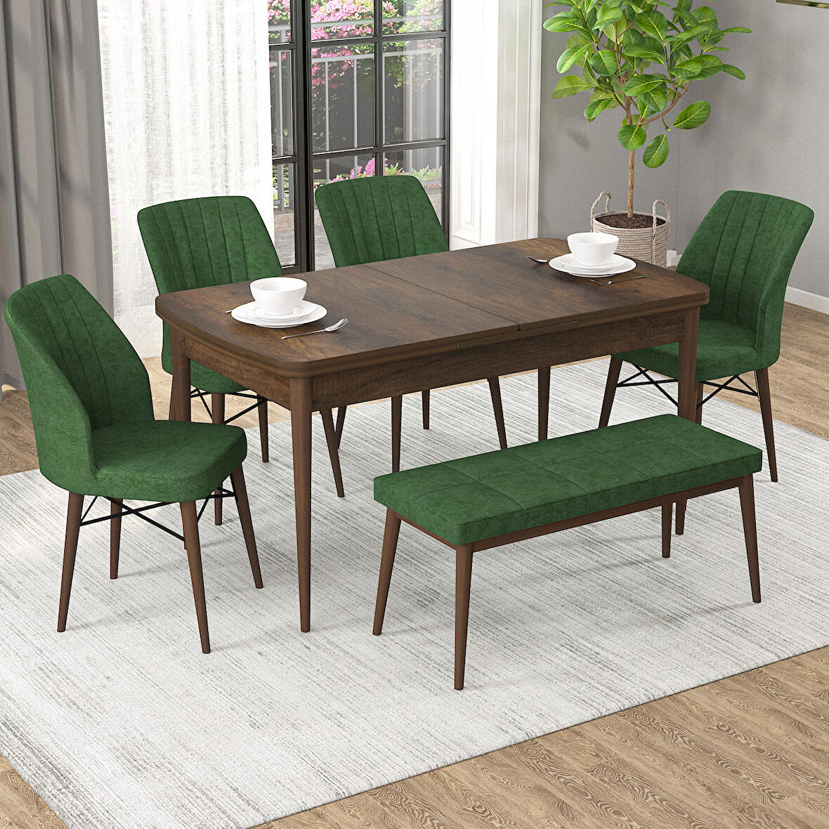 Rovena Arel Barok 80x132 Açılabilir Mdf Yemek Odası Takımı 4 Adet Sandalye + 1 Bench