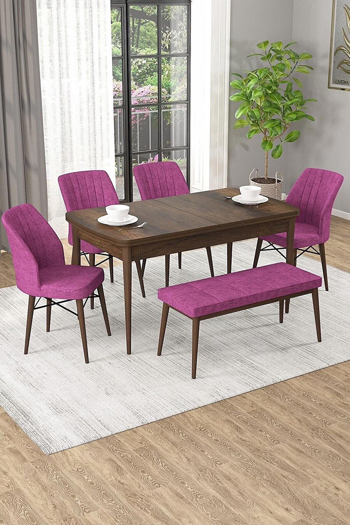 Rovena Arel Barok 80x132 Açılabilir Mdf Yemek Odası Takımı 4 Adet Sandalye + 1 Bench
