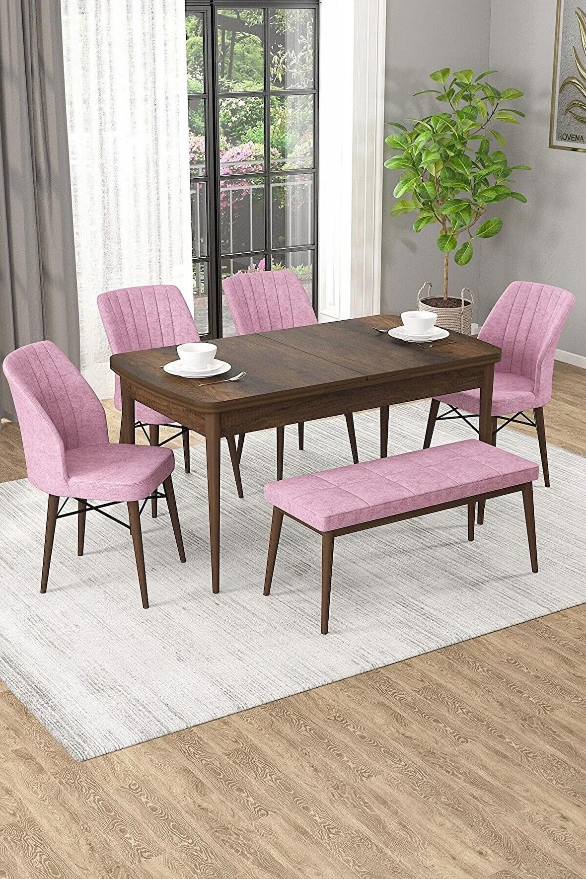 Rovena Arel Barok 80x132 Açılabilir Mdf Yemek Odası Takımı 4 Adet Sandalye + 1 Bench