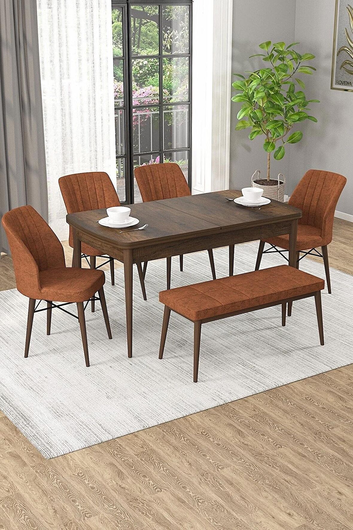Rovena Arel Barok 80x132 Açılabilir Mdf Yemek Odası Takımı 4 Adet Sandalye + 1 Bench