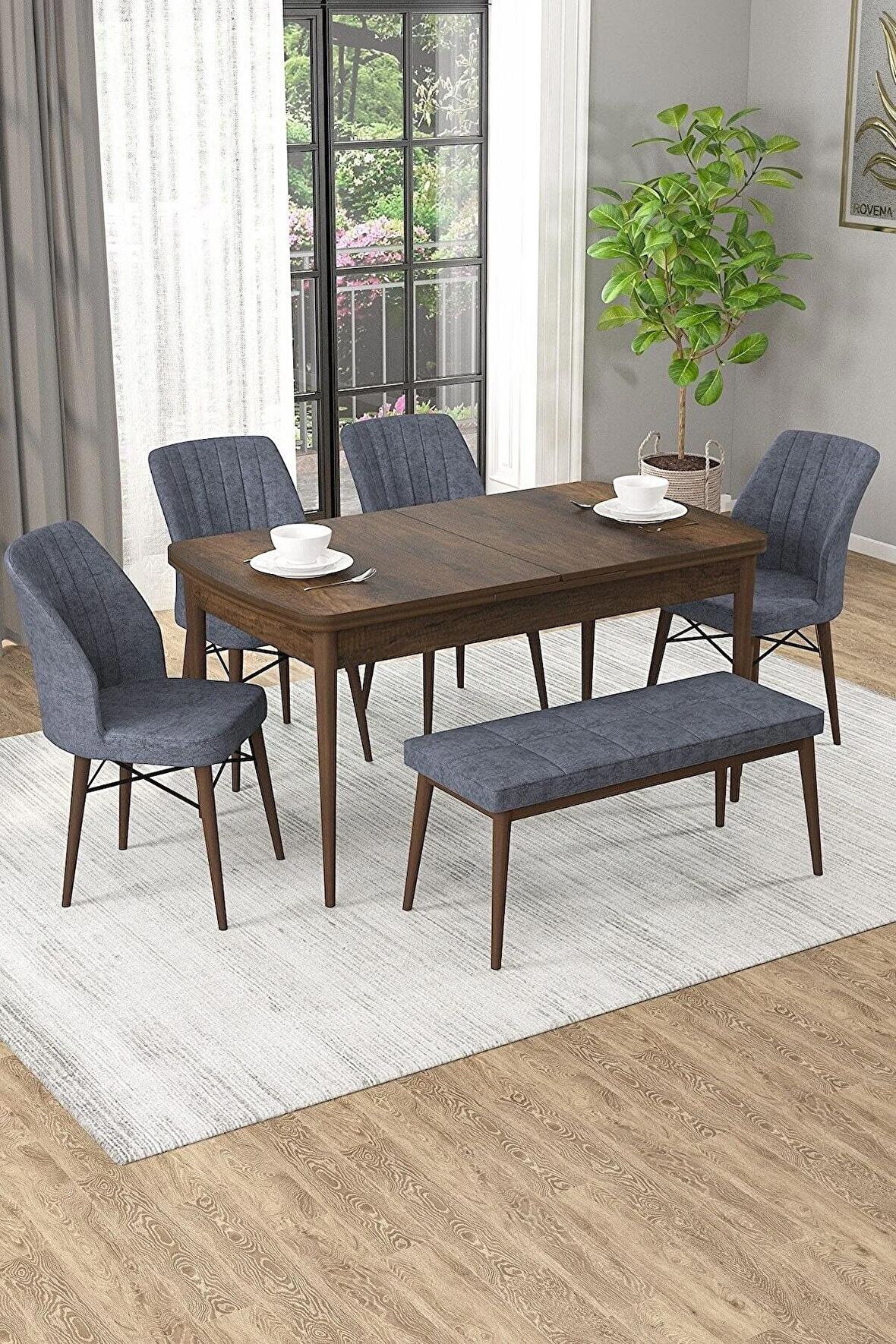 Rovena Arel Barok 80x132 Açılabilir Mdf Yemek Odası Takımı 4 Adet Sandalye + 1 Bench
