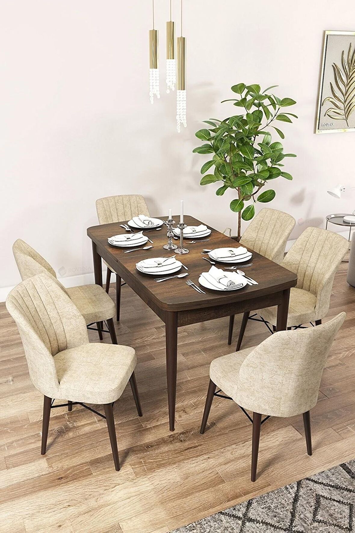 Rovena Arel Barok 80x132 Açılabilir Mdf Yemek Odası Takımı 6 Adet Sandalye
