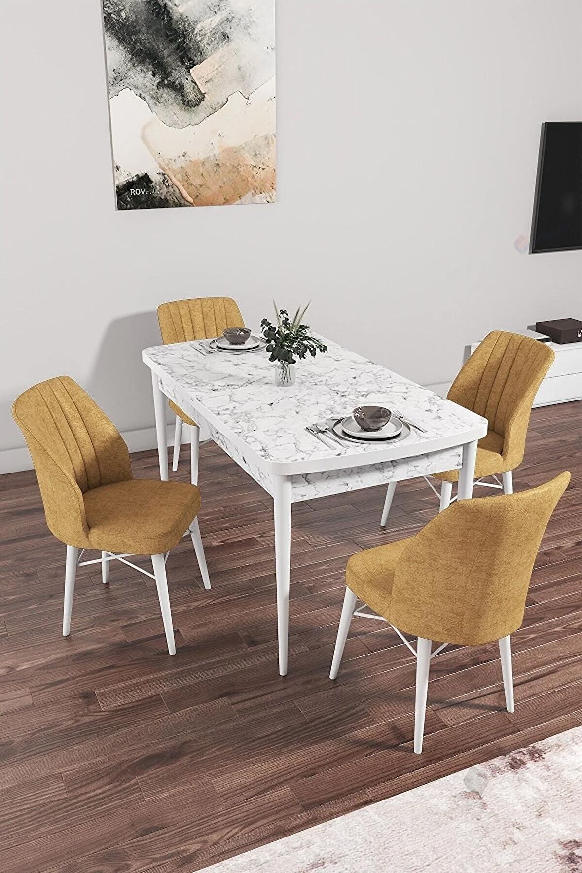 Rovena Arel Beyaz Mermer 80x132 Açılabilir Mdf Yemek Odası Takımı 4 Adet Sandalye