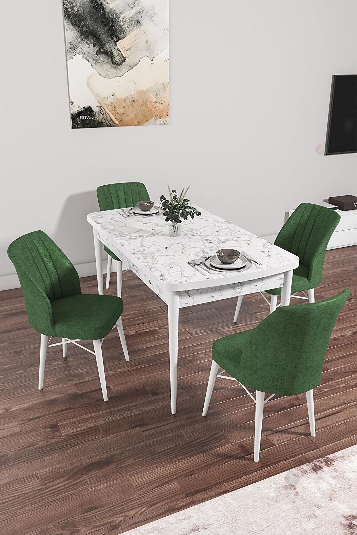 Rovena Arel Beyaz Mermer 80x132 Açılabilir Mdf Yemek Odası Takımı 4 Adet Sandalye