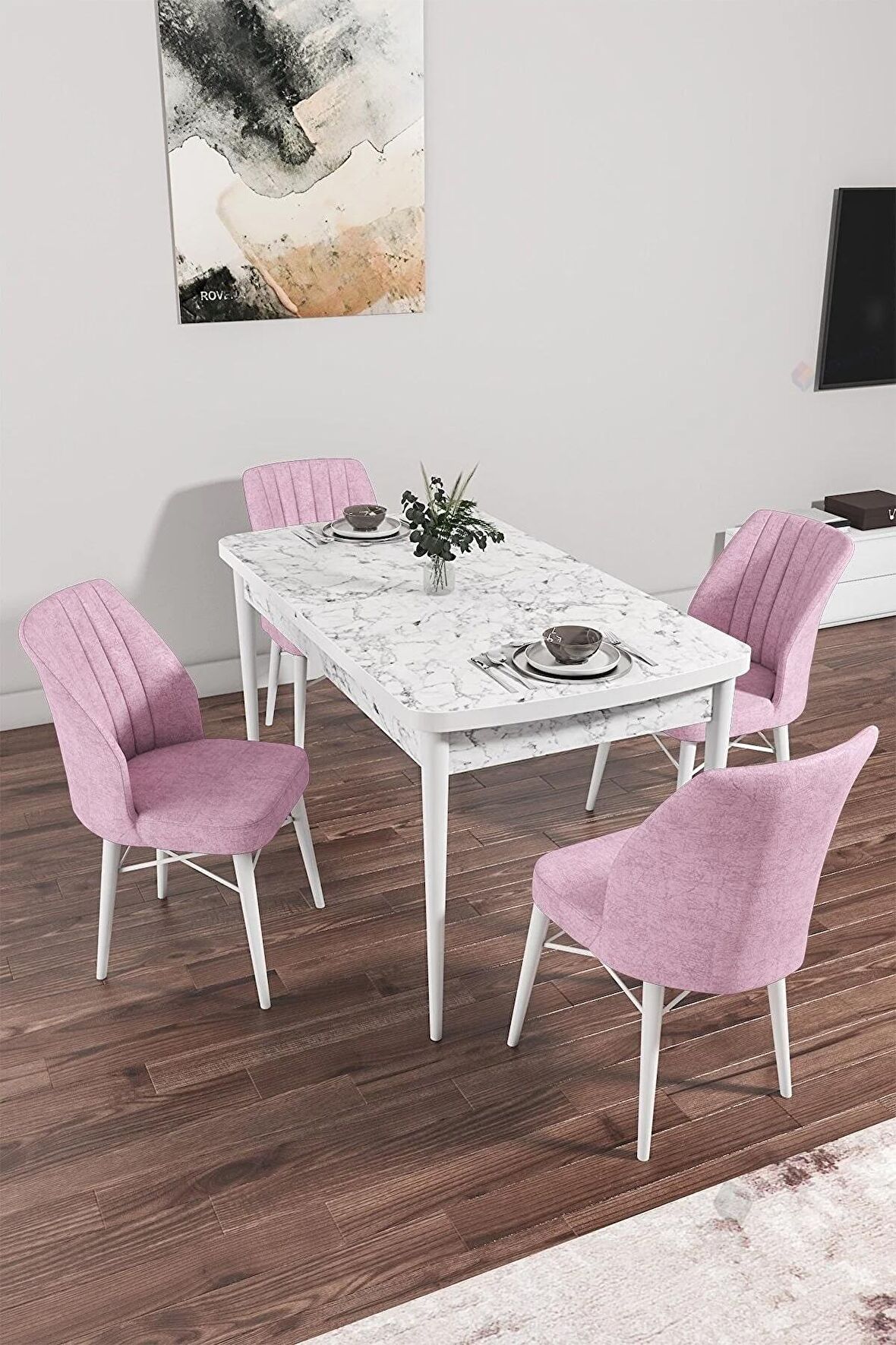 Rovena Arel Beyaz Mermer 80x132 Açılabilir Mdf Yemek Odası Takımı 4 Adet Sandalye