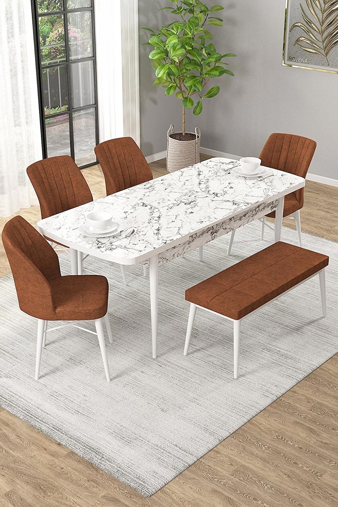 Rovena Arel Beyaz Mermer 80x132 Açılabilir Mdf Yemek Odası Takımı 4 Adet Sandalye + 1 Bench