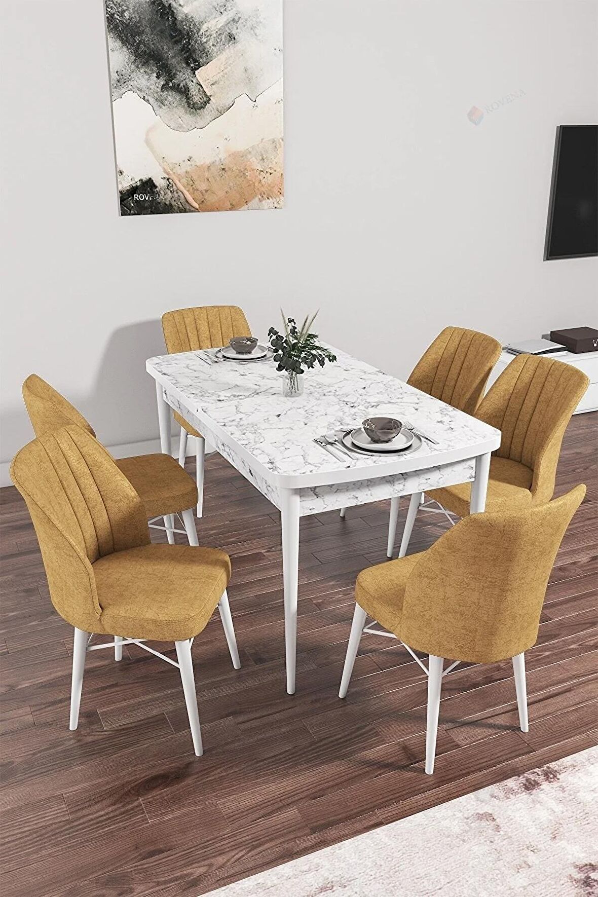 Rovena Arel Beyaz Mermer 80x132 Açılabilir Mdf Yemek Odası Takımı 6 Adet Sandalye