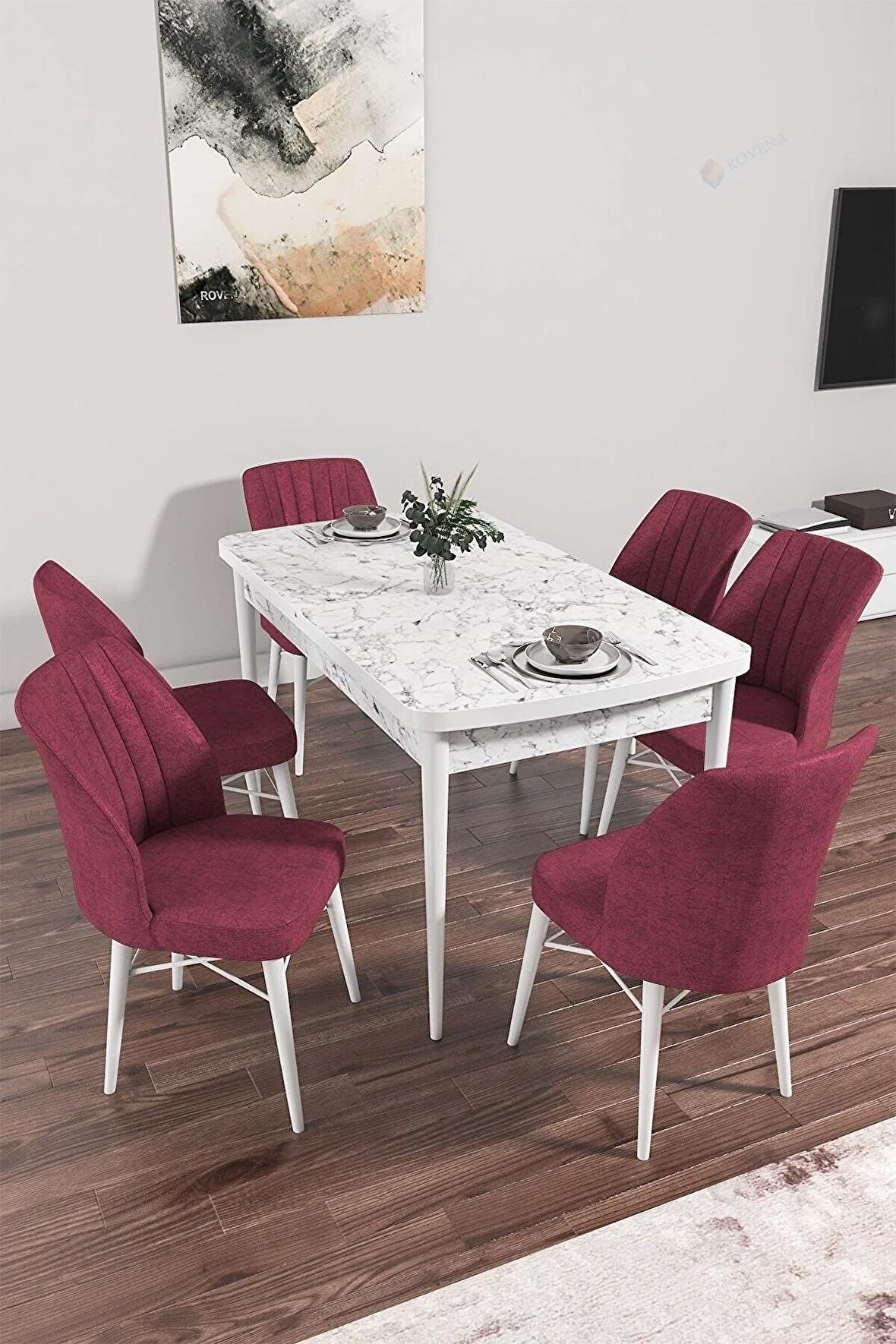 Rovena Arel Beyaz Mermer 80x132 Açılabilir Mdf Yemek Odası Takımı 6 Adet Sandalye