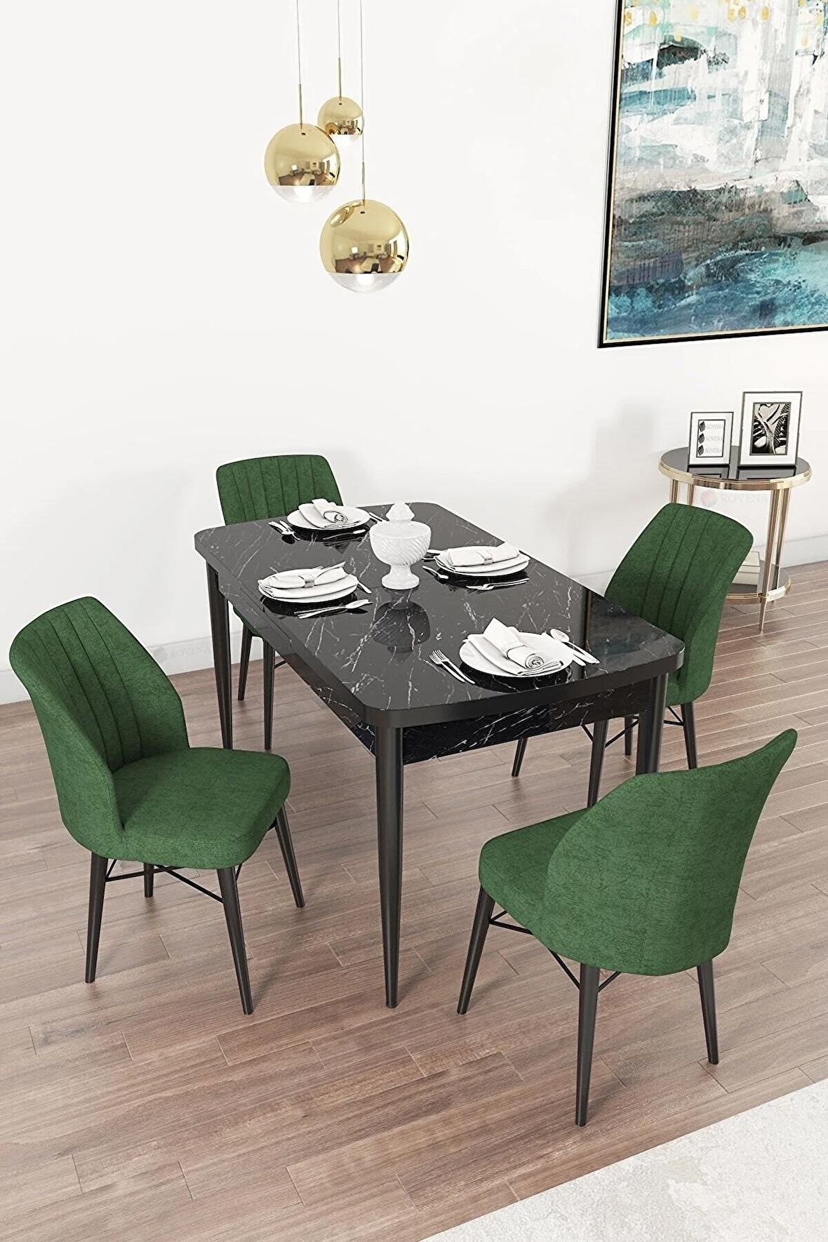 Rovena Arel Siyah Mermer 80x132 Açılabilir Mdf Yemek Odası Takımı 4 Adet Sandalye