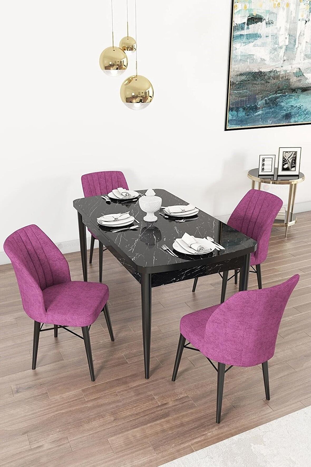 Rovena Arel Siyah Mermer 80x132 Açılabilir Mdf Yemek Odası Takımı 4 Adet Sandalye
