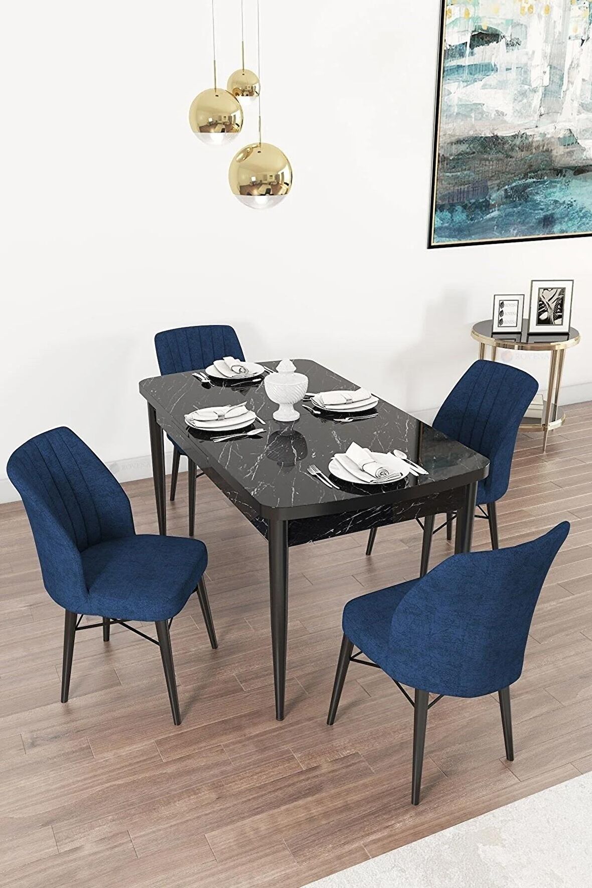 Rovena Arel Siyah Mermer 80x132 Açılabilir Mdf Yemek Odası Takımı 4 Adet Sandalye