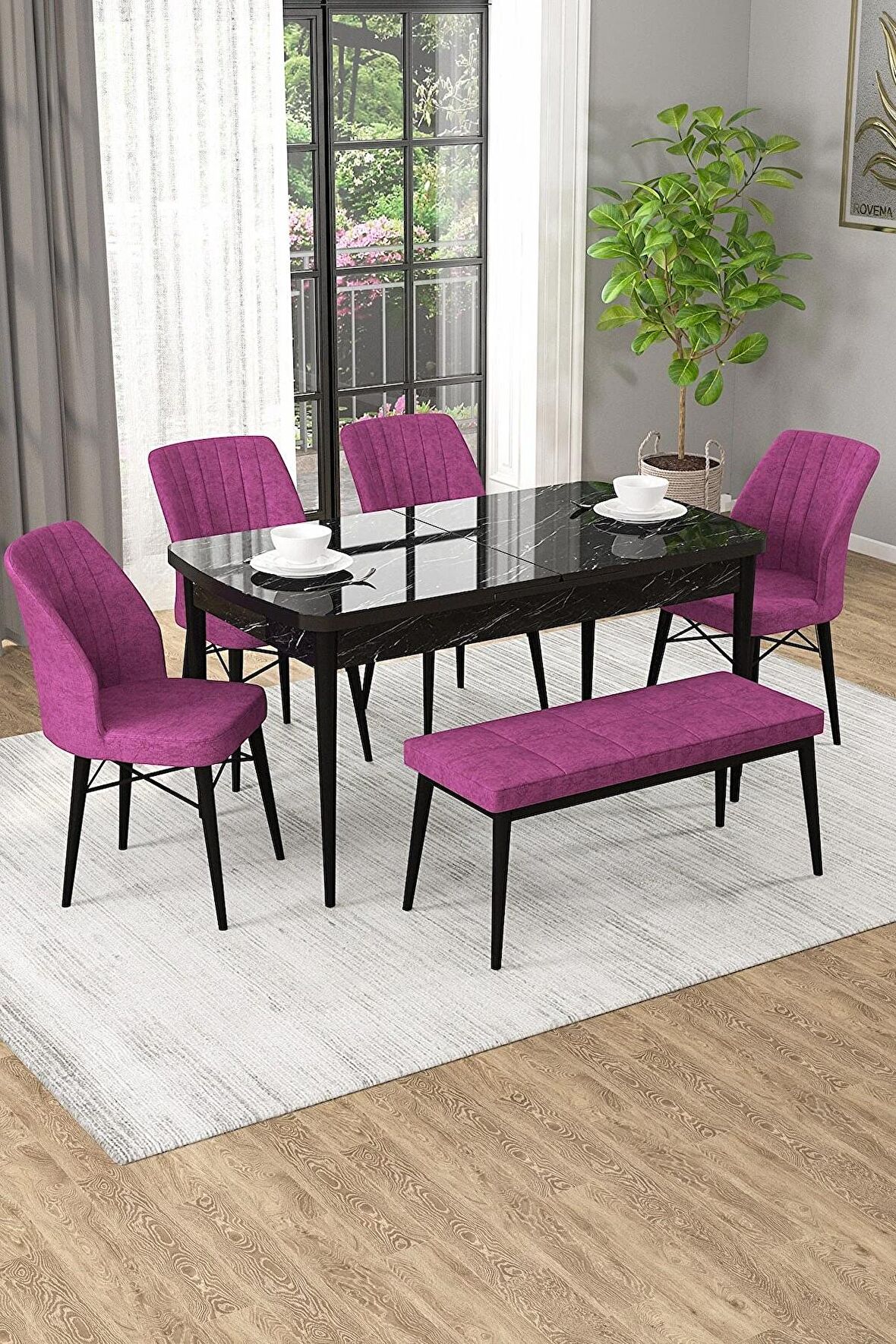 Rovena Arel Siyah Mermer 80x132 Açılabilir Mdf Yemek Odası Takımı 4 Adet Sandalye + 1 Bench
