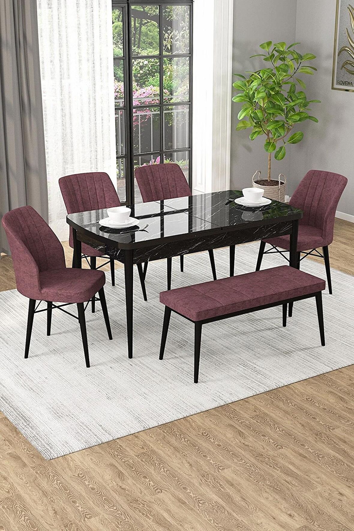 Rovena Arel Siyah Mermer 80x132 Açılabilir Mdf Yemek Odası Takımı 4 Adet Sandalye + 1 Bench