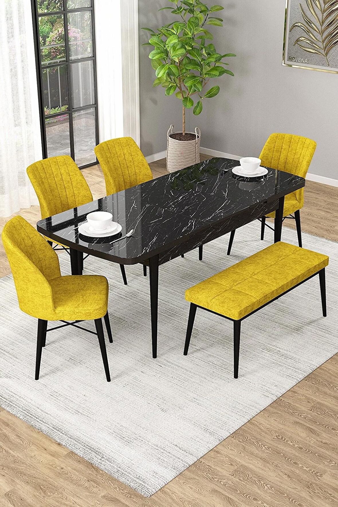 Rovena Arel Siyah Mermer 80x132 Açılabilir Mdf Yemek Odası Takımı 4 Adet Sandalye + 1 Bench