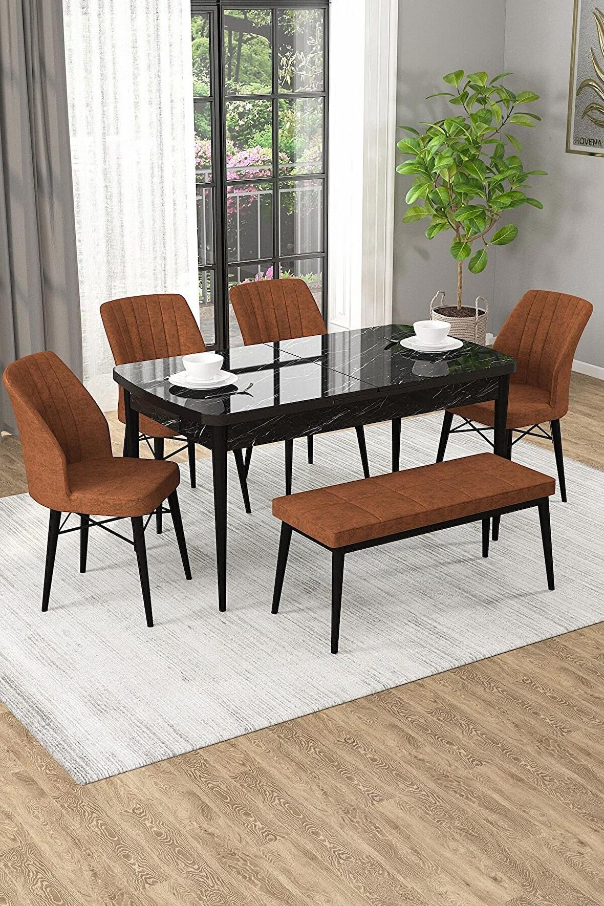 Rovena Arel Siyah Mermer 80x132 Açılabilir Mdf Yemek Odası Takımı 4 Adet Sandalye + 1 Bench