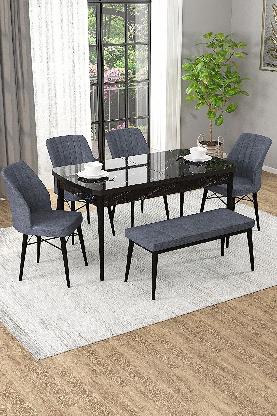 Rovena Arel Siyah Mermer 80x132 Açılabilir Mdf Yemek Odası Takımı 4 Adet Sandalye + 1 Bench