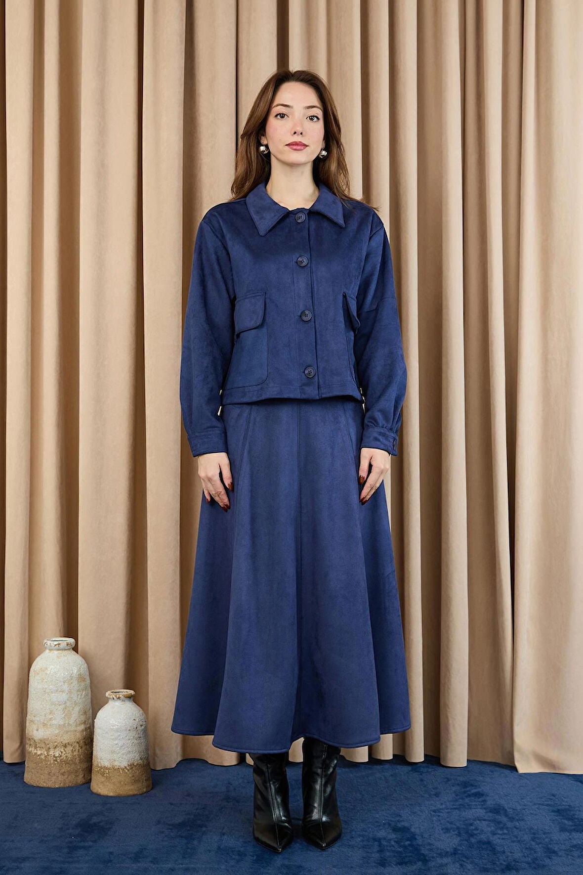 Puane Puane Süet Kumaş Düğmeli Etekli Takım