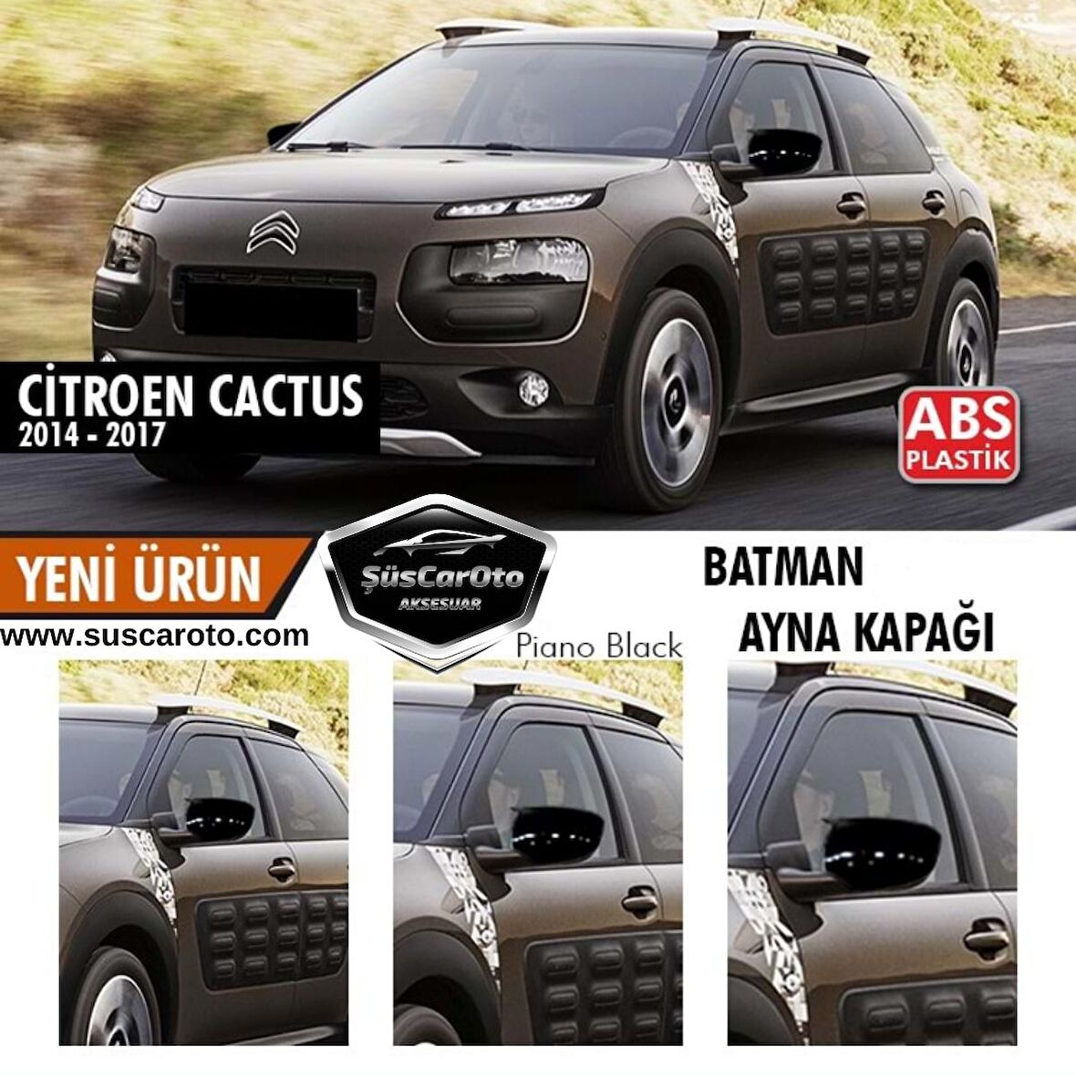 Citroen C4 Cactus 2014-2017 Uyumlu Batman Yarasa Ayna Kapağı Piano Black ABS Plastik