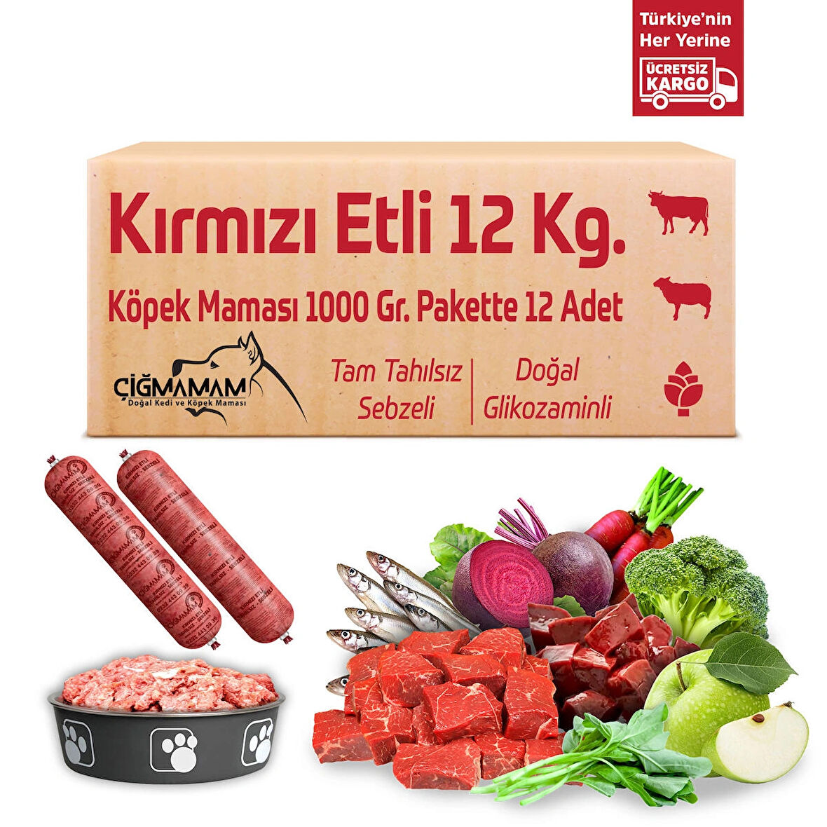Kırmızı Etli Tahılsız 12 Kg 1000 Gr 12 Adet Çiğmamam Barf Köpek Maması