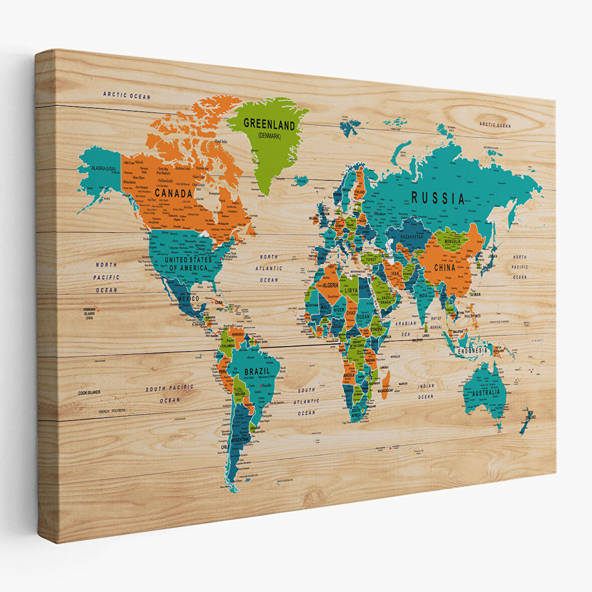 Harita Sepeti Ahşap Görünümlü Dünya Haritası Ayrıntılı ve Dekoratif Kanvas Tablo 1801