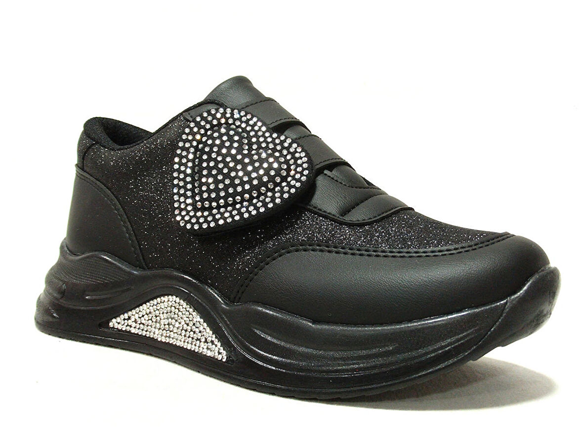 Minimass Siyah Gümüş Kalpli Cırtlı Sneakers Çocuk Ayakkabı