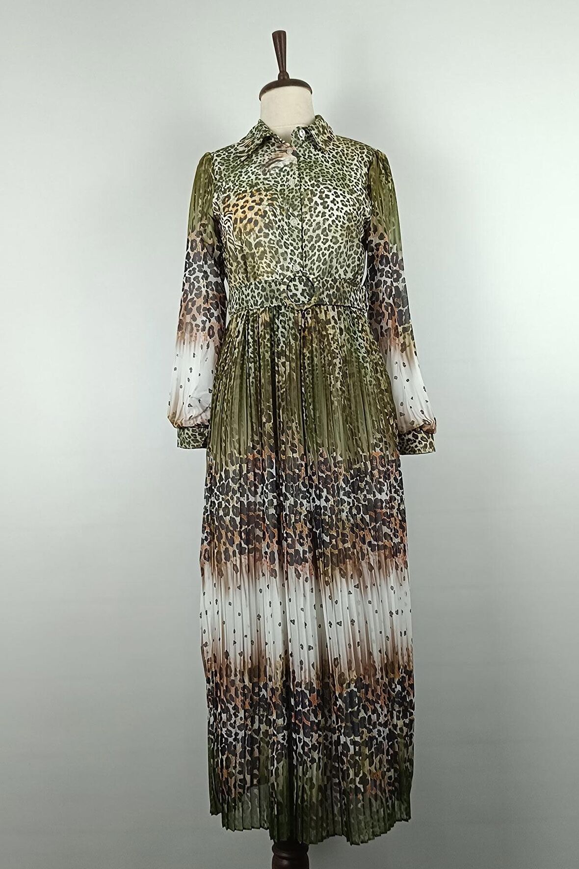 Leopar Desenli Pliseli Büyük Beden Elbise Yeşil 7832