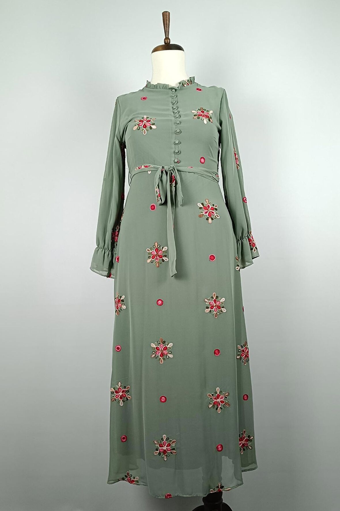 Dantel Desenli Büyük Beden Elbise Yeşil 7814