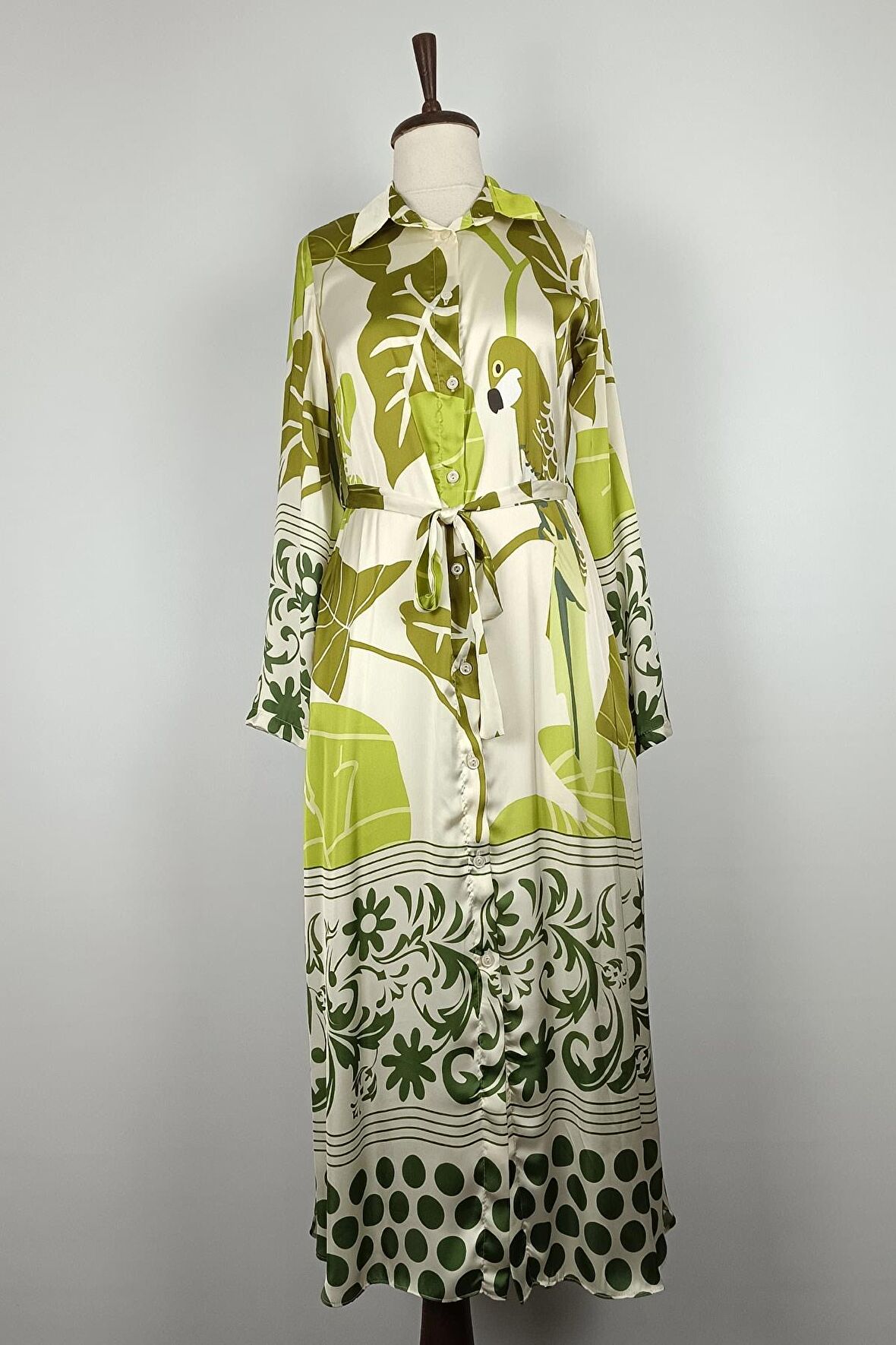 Düğmeli Saten Elbise Yeşil K327