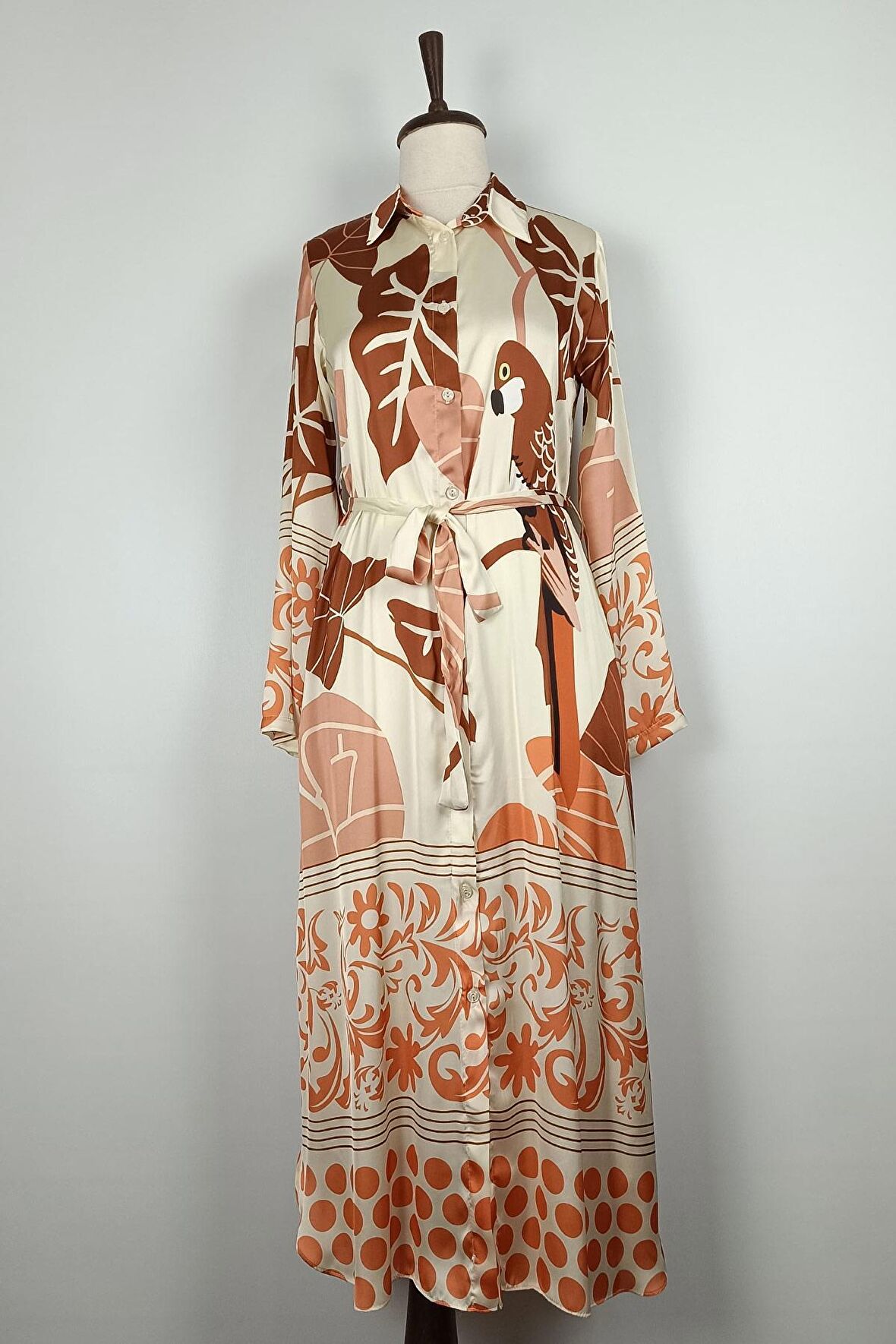 Düğmeli Saten Elbise Kahverengi K327