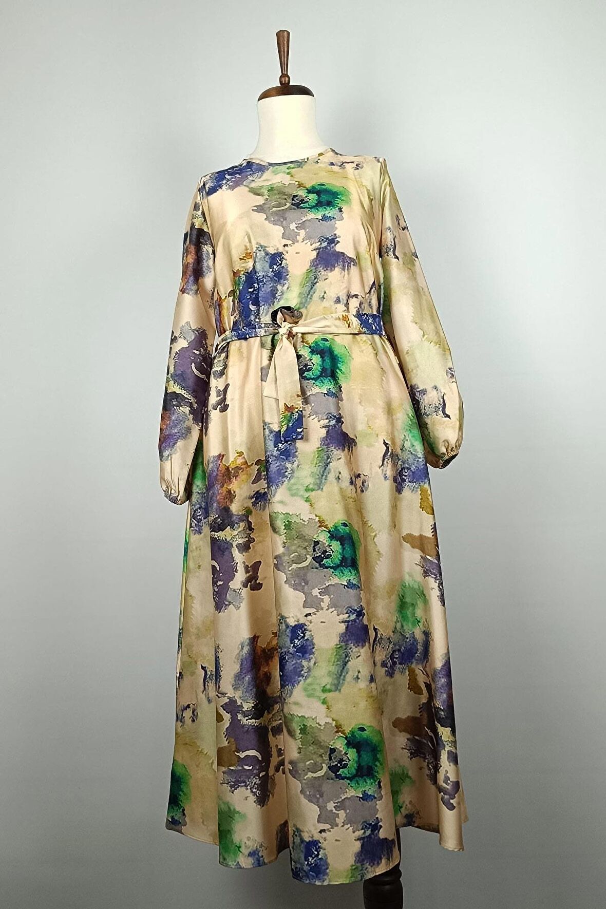 Büyük Beden Saten Elbise Bej 7801