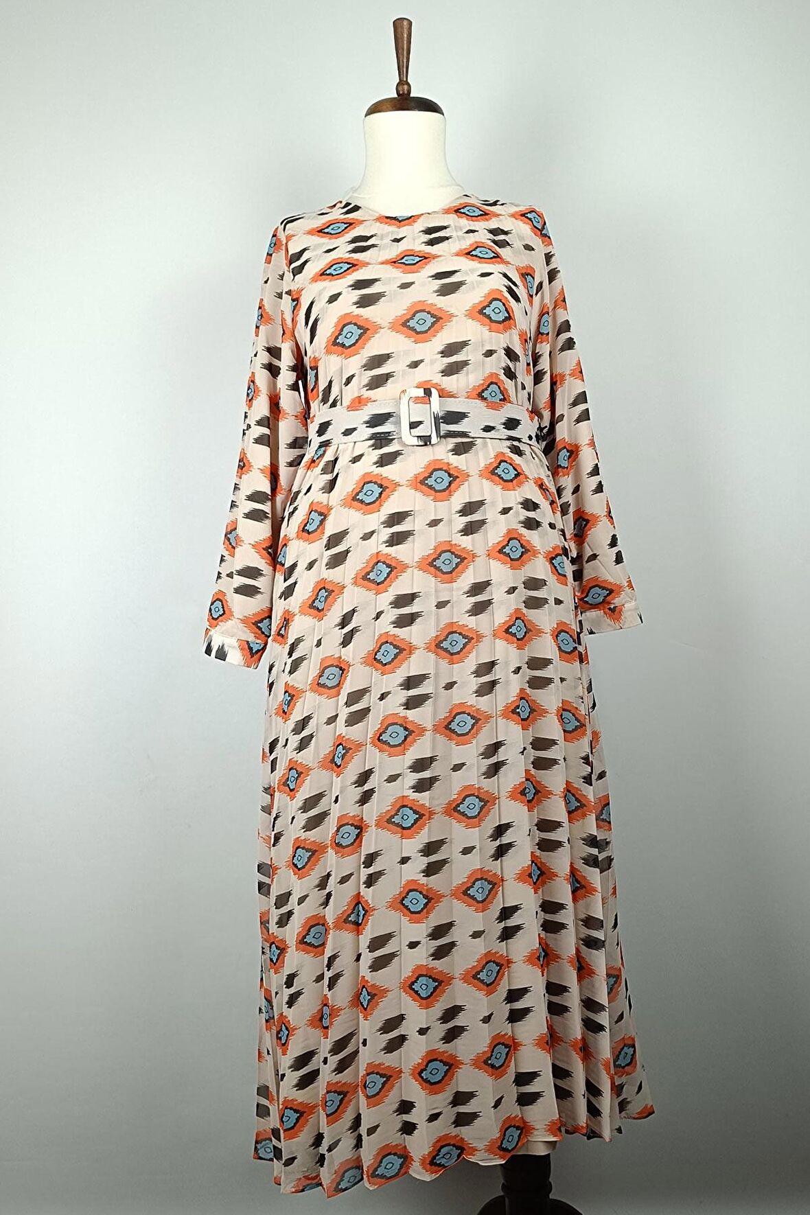 Büyük Beden Pliseli Elbise Turuncu 7824