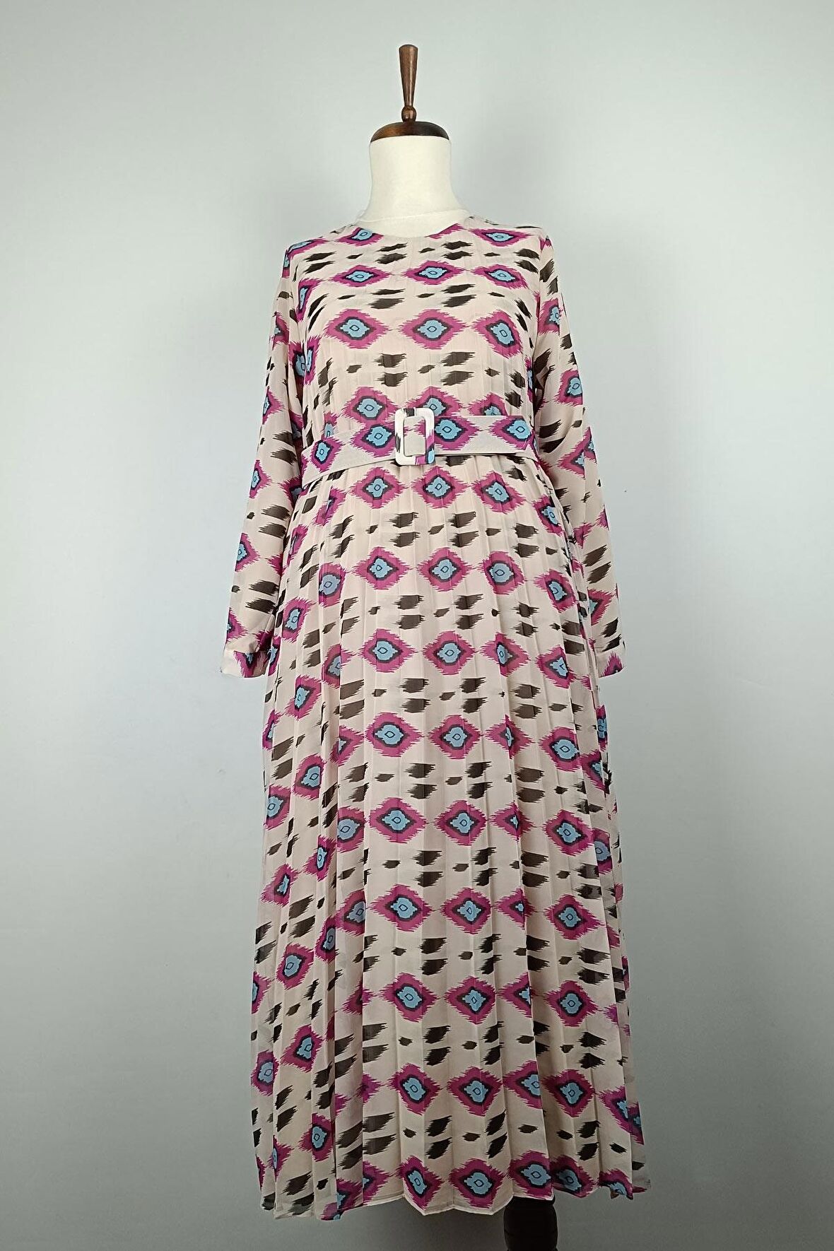 Büyük Beden Pliseli Elbise Pembe 7824