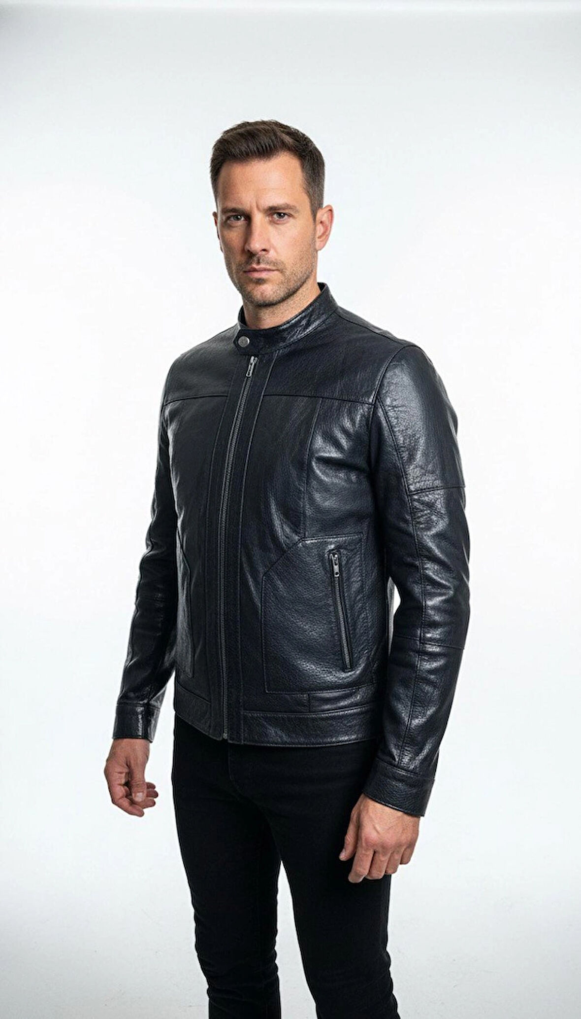 Hakiki Deri Jumbo Erkek Ceket – Siyah, Dik Yaka, Fermuarlı Model
