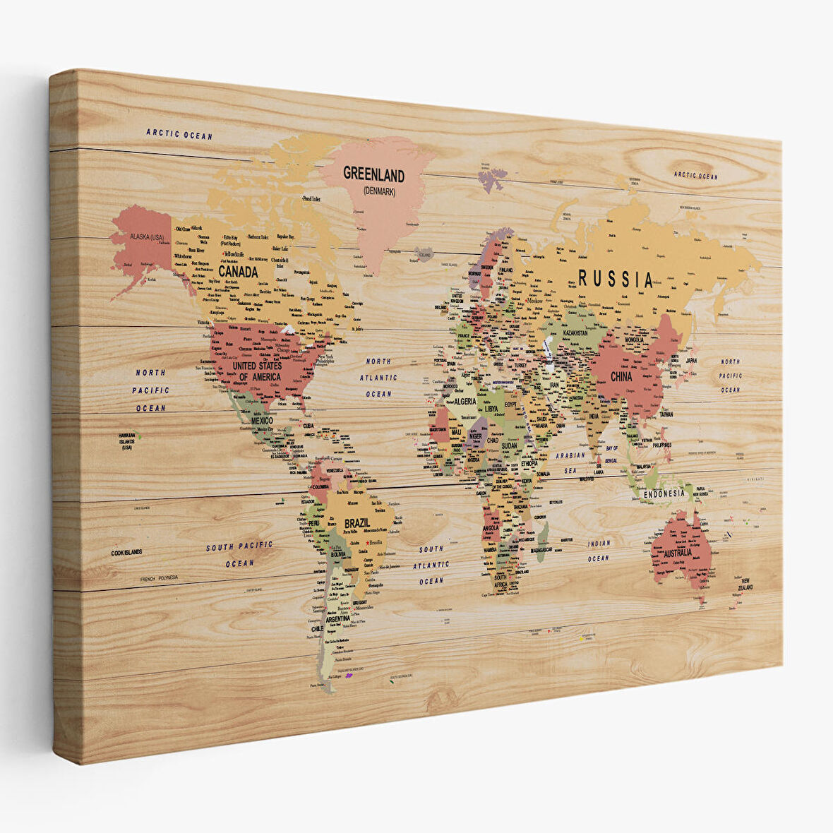 Harita Sepeti Ahşap Görünümlü Dünya Haritası Ayrıntılı ve Dekoratif Kanvas Tablo 1803