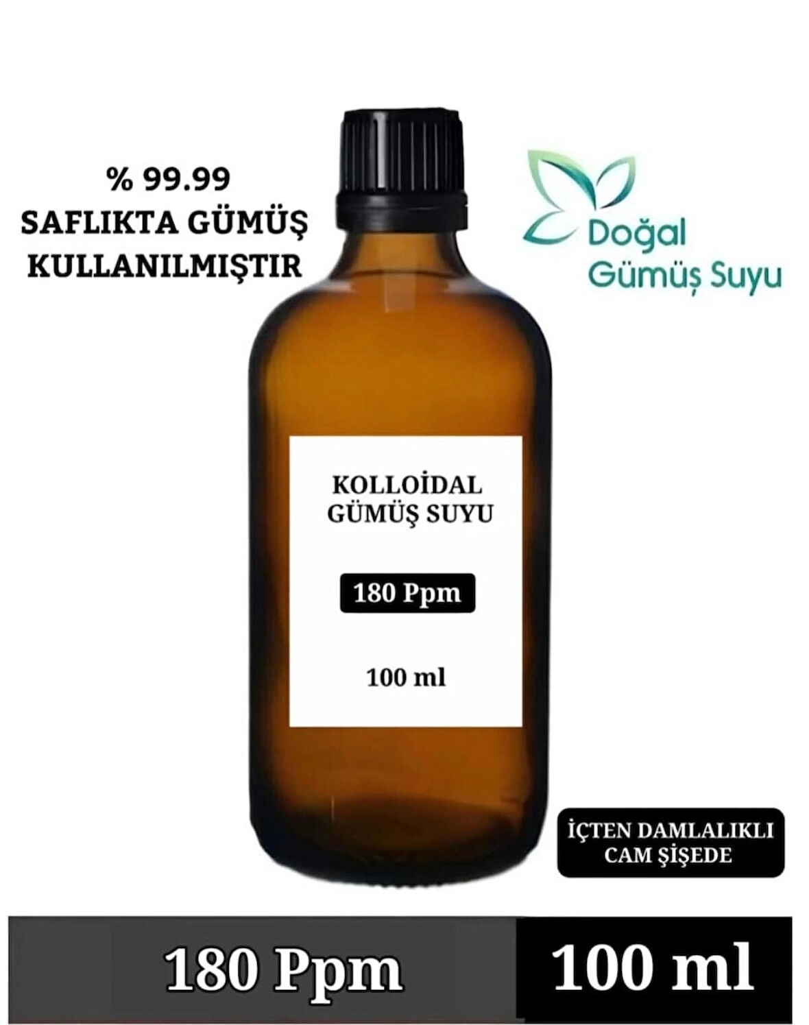 Kolloidal Gümüş Suyu 180 Ppm / 100 ml Monoatomik Içilebilir Saf Gümüş Suyu.
