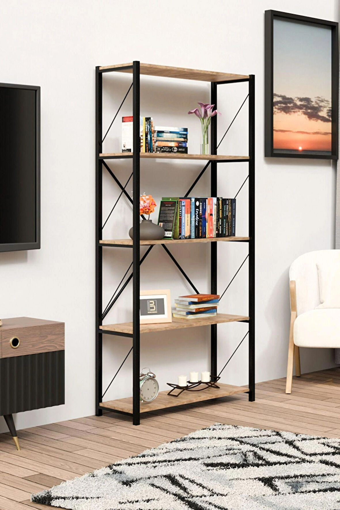 5 Geniş Raflı Kitaplık Metal Çerçeveli Modern Raf Çalışma Odası Ofis Salon Kitaplığı Evrak Rafı