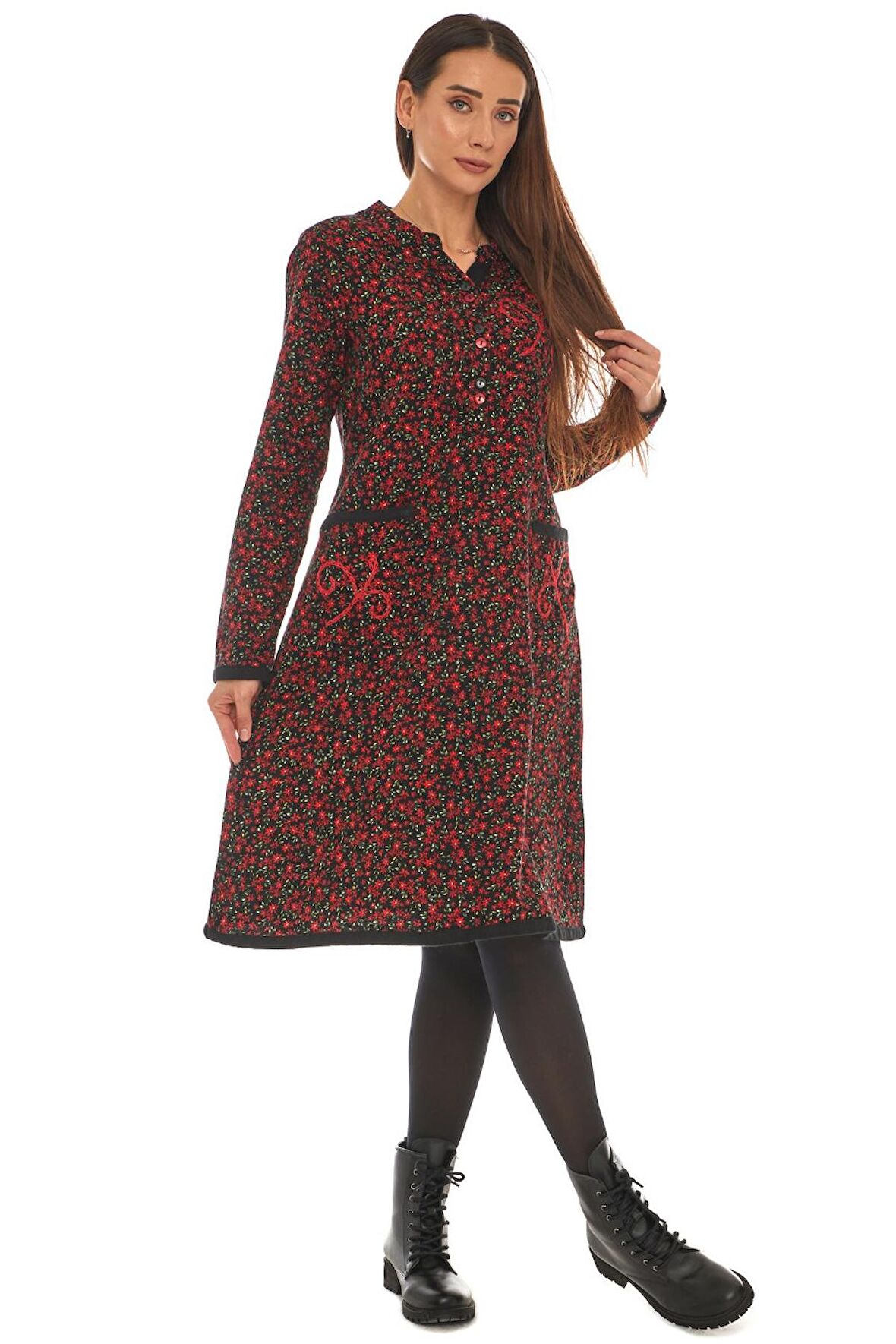 Pazen  Siyah Yıldız Nakışlı Kısa Elbise