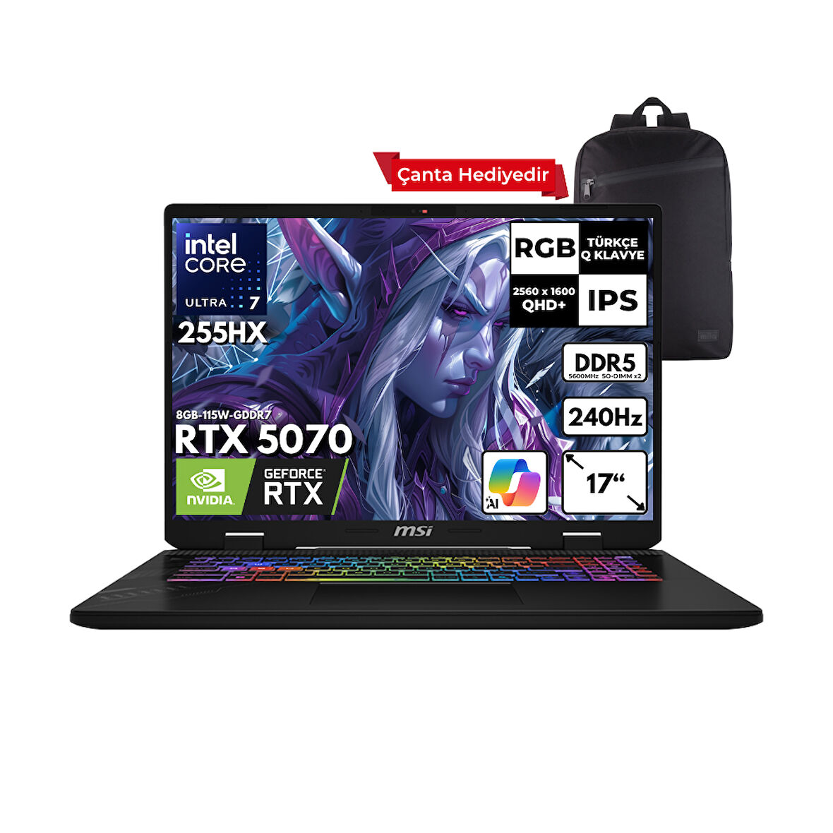MSI CROSSHAIR 17HX AI Ultra 7-255HX 40-GBDDR5 2 TBSSD RTX5070 (8GB-115W-GDDR7) 17" 2K QHD+ 240Hz Windows 11 Home + HMF Sırt Çantası D2XWGKG-018XTRHMF32