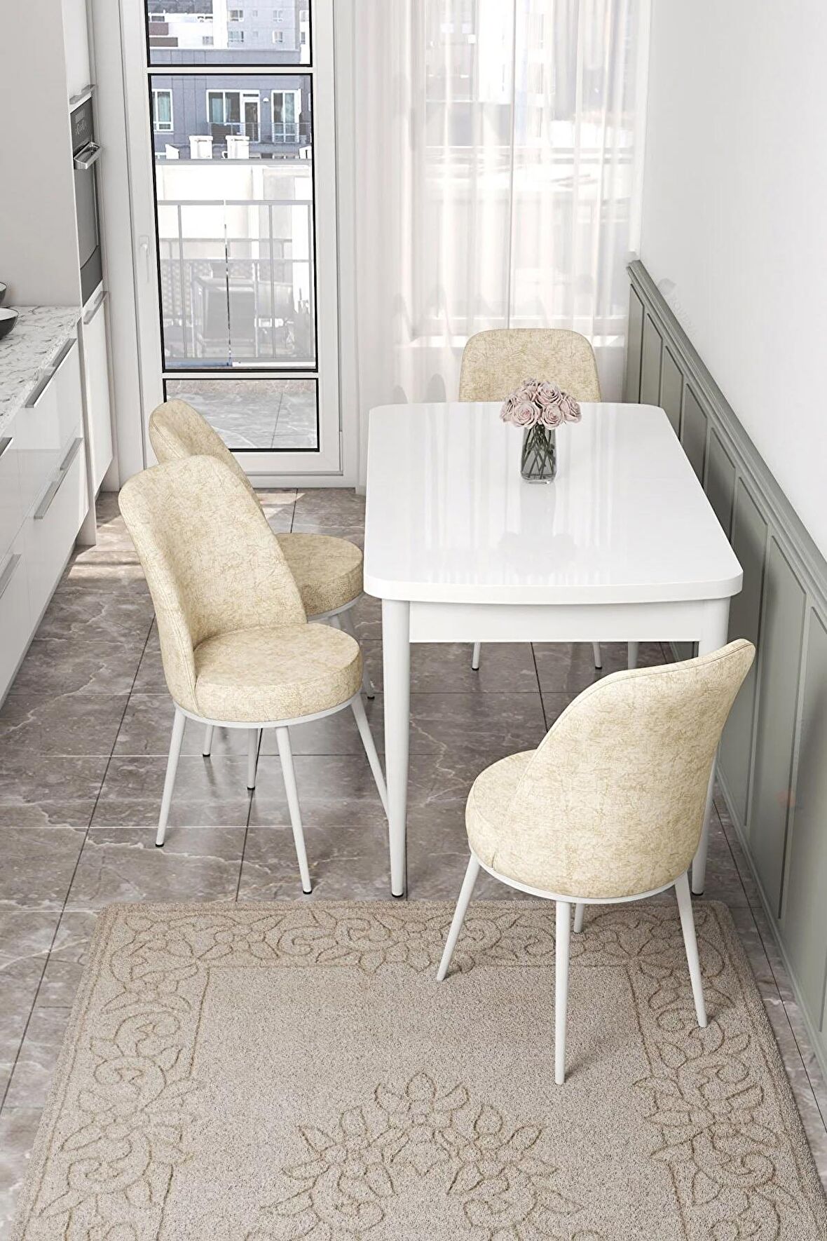 Rovena Leona Beyaz 80x132 Açılabilir Mdf Mutfak Masası Takımı 4 Adet Sandalye