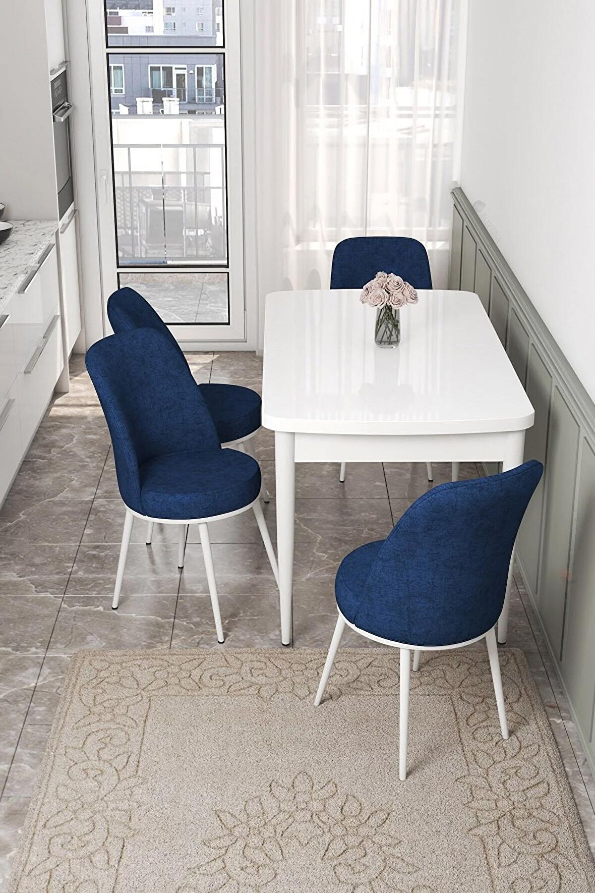 Rovena Leona Beyaz 80x132 Açılabilir Mdf Mutfak Masası Takımı 4 Adet Sandalye