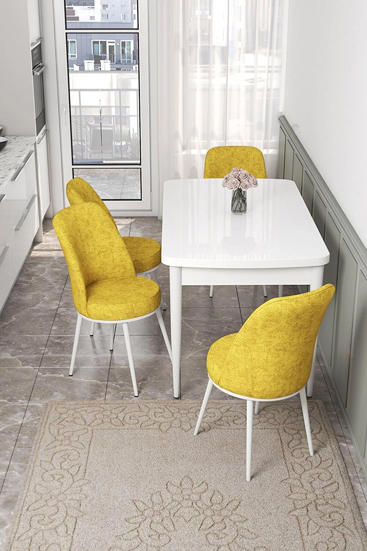 Rovena Leona Beyaz 80x132 Açılabilir Mdf Mutfak Masası Takımı 4 Adet Sandalye